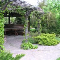 Ancienne pergola avec des bancs en bois