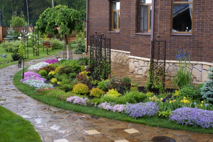 Beau parterre de fleurs allongé le long du mur d'un immeuble résidentiel