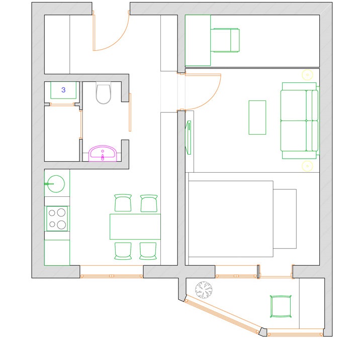 Studijos tipo apartamentų pertvarka jaunajai šeimai su vaiku