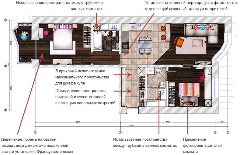 Trijų kambarių buto planas suderinus virtuvę ir svetainę