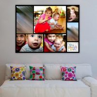 Panneau de photographies couleur d'enfants au mur du salon