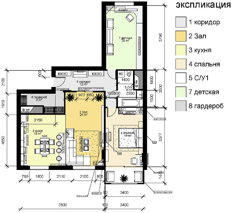 Trijų kambarių buto su baldais schema