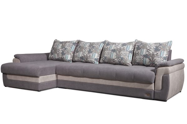 Kampinė virtuvės sofa iš pūkų audinio